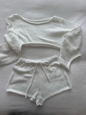 Crop Top Long Sleeve and Hot Pants White on White Knit Two-Piece Set